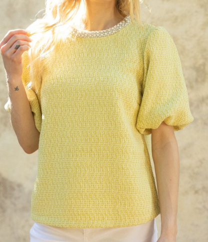 YELLOW PEARL TRIM NECK BUBBLE SLEEVE TOP