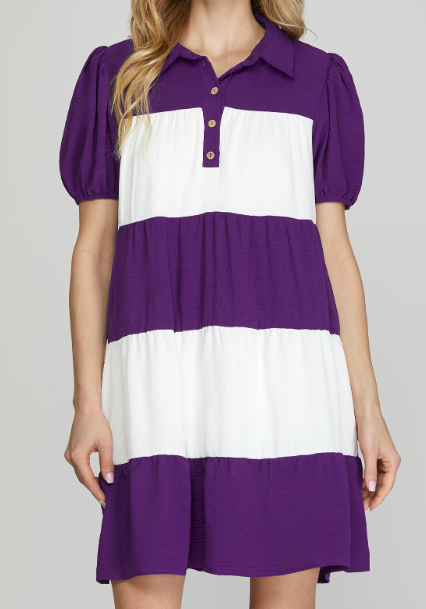 PURPLE/WHITE STRIPE PUFF SLEEVE DRESS