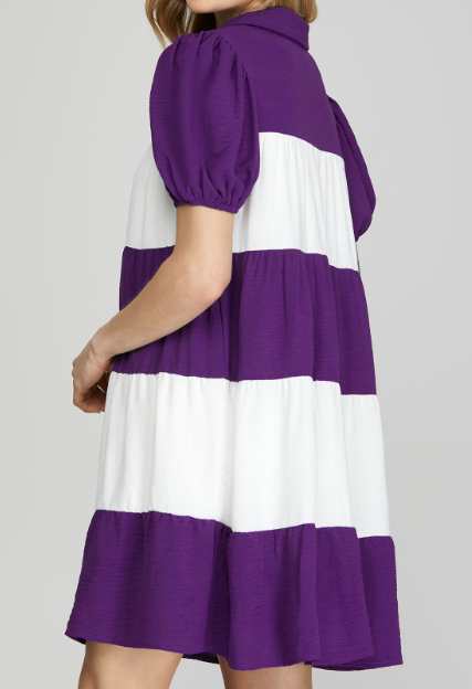 PURPLE/WHITE STRIPE PUFF SLEEVE DRESS