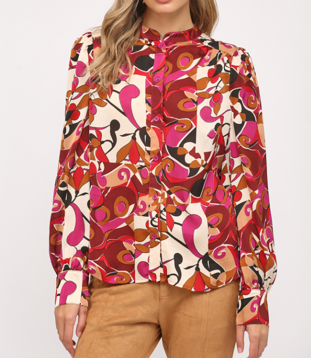 PLUM MULTI ABSTRACT PRINTED BUTTON-DOWN TOP