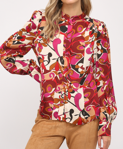 PLUM MULTI ABSTRACT PRINTED BUTTON-DOWN TOP