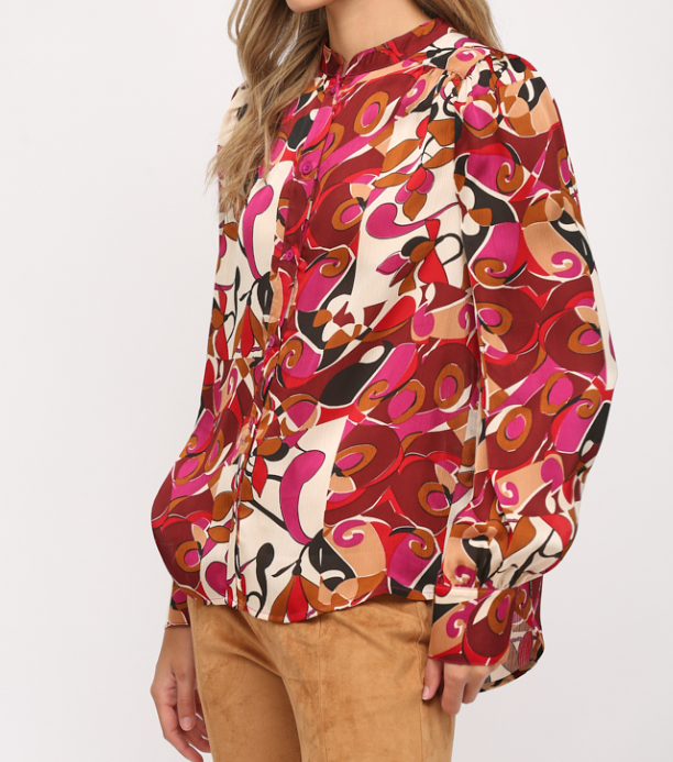 PLUM MULTI ABSTRACT PRINTED BUTTON-DOWN TOP