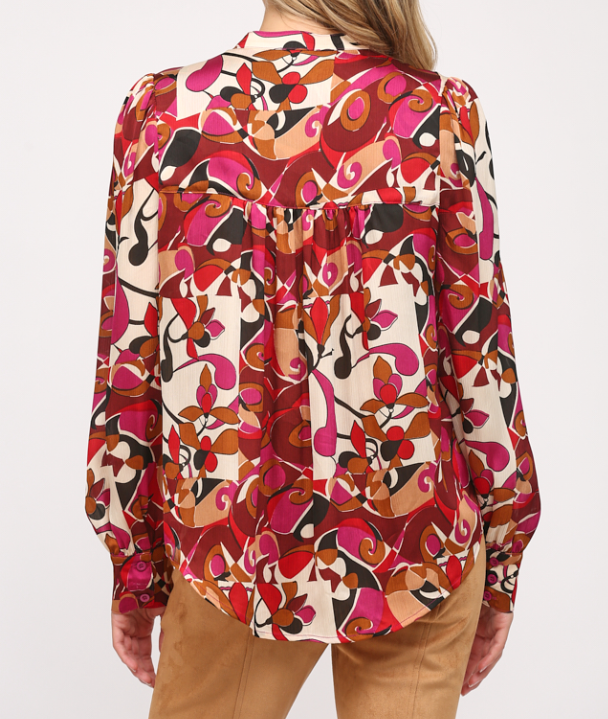 PLUM MULTI ABSTRACT PRINTED BUTTON-DOWN TOP