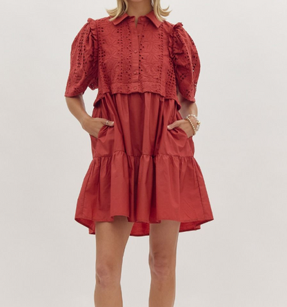 RUST EYELET TIERED DRESS