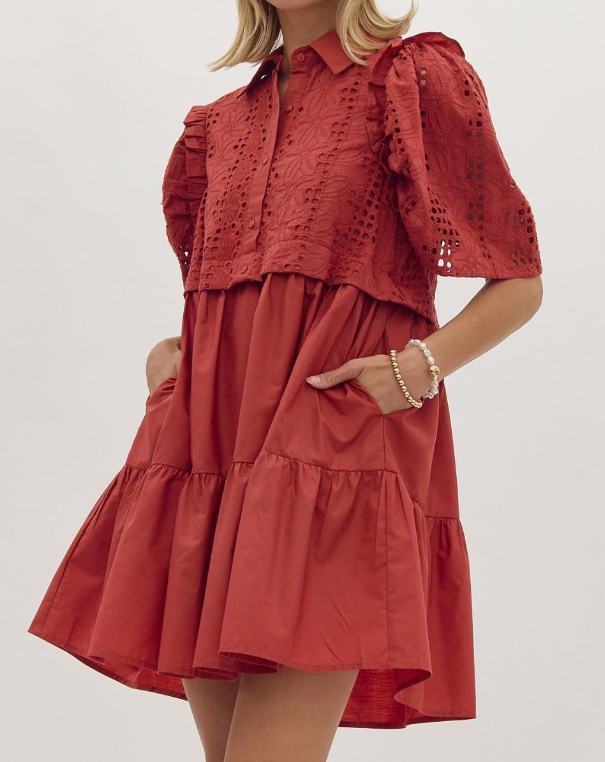 RUST EYELET TIERED DRESS