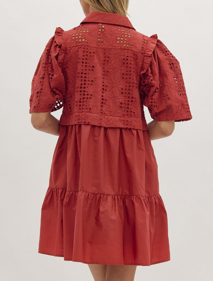 RUST EYELET TIERED DRESS