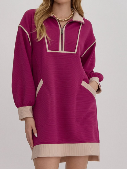 MAGENTA/CREAM RIBBED LONG SLEEVE COLLARED ZIP UP DRESS