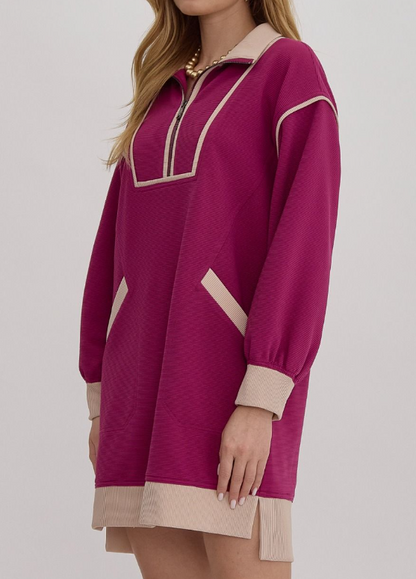 MAGENTA/CREAM RIBBED LONG SLEEVE COLLARED ZIP UP DRESS