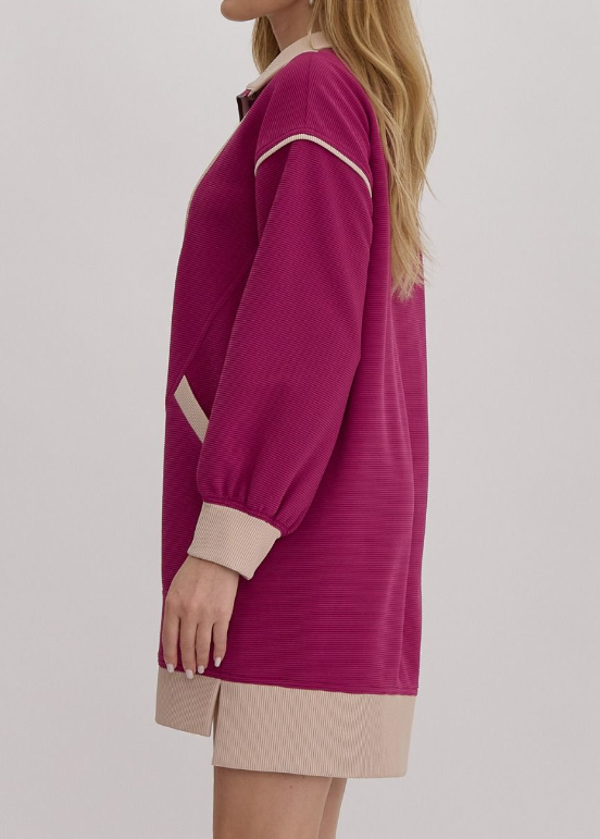 MAGENTA/CREAM RIBBED LONG SLEEVE COLLARED ZIP UP DRESS