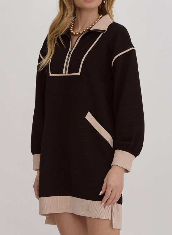 BLACK/CREAM RIBBED LONG SLEEVE COLLARED ZIP UP DRESS