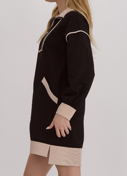 BLACK/CREAM RIBBED LONG SLEEVE COLLARED ZIP UP DRESS