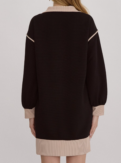 BLACK/CREAM RIBBED LONG SLEEVE COLLARED ZIP UP DRESS