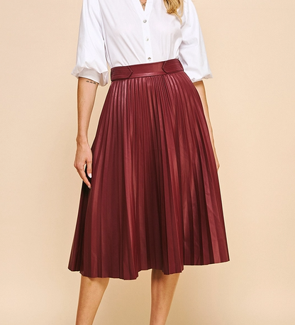 BURGUNDY PLEATED LEATHER SKIRT