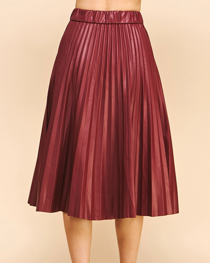 BURGUNDY PLEATED LEATHER SKIRT