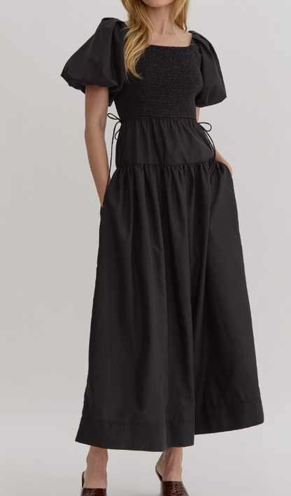 BLACK SMOCKED SQUARE NECK PUFF SLEEVE MAXI DRESS