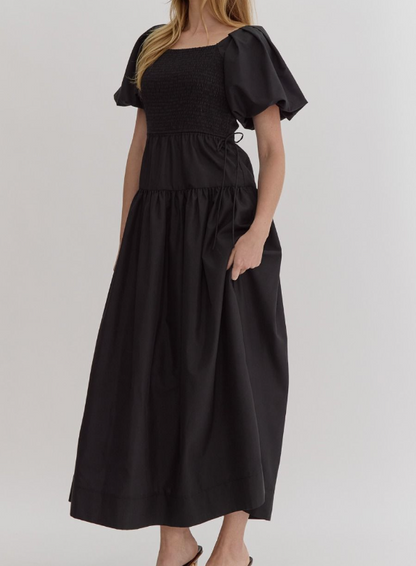 BLACK SMOCKED SQUARE NECK PUFF SLEEVE MAXI DRESS