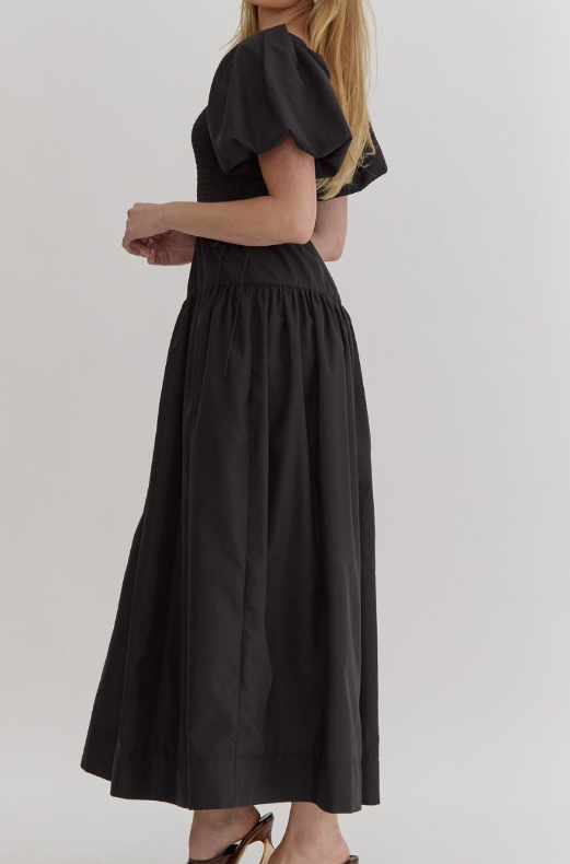 BLACK SMOCKED SQUARE NECK PUFF SLEEVE MAXI DRESS