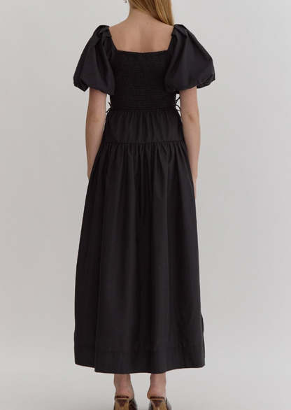 BLACK SMOCKED SQUARE NECK PUFF SLEEVE MAXI DRESS