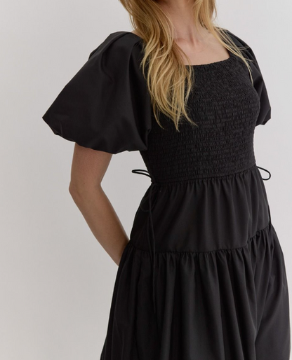 BLACK SMOCKED SQUARE NECK PUFF SLEEVE MAXI DRESS