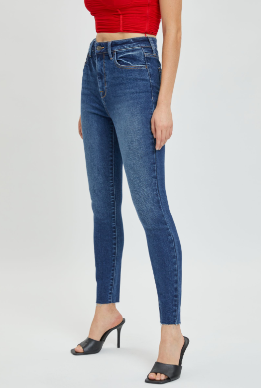DARK DENIM HIGH RISE ANKLE SKINNY JEAN