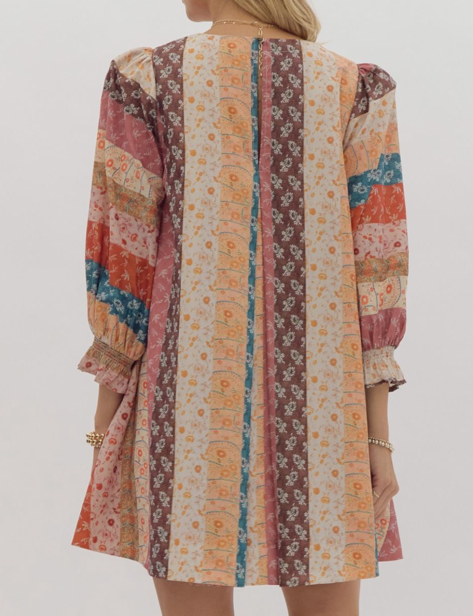 MULTI PRINT 3/4 SLEEVE ROUND NECK MINI DRESS – Estella Boutique