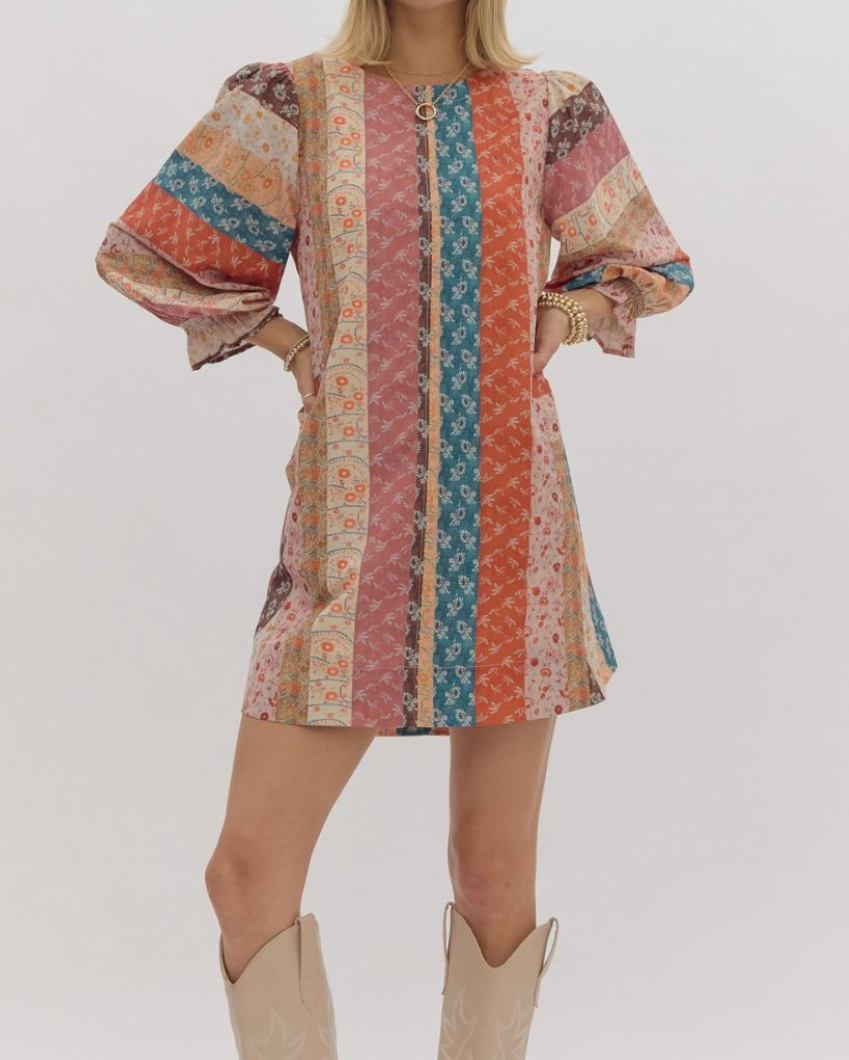 MULTI PRINT 3/4 SLEEVE ROUND NECK MINI DRESS