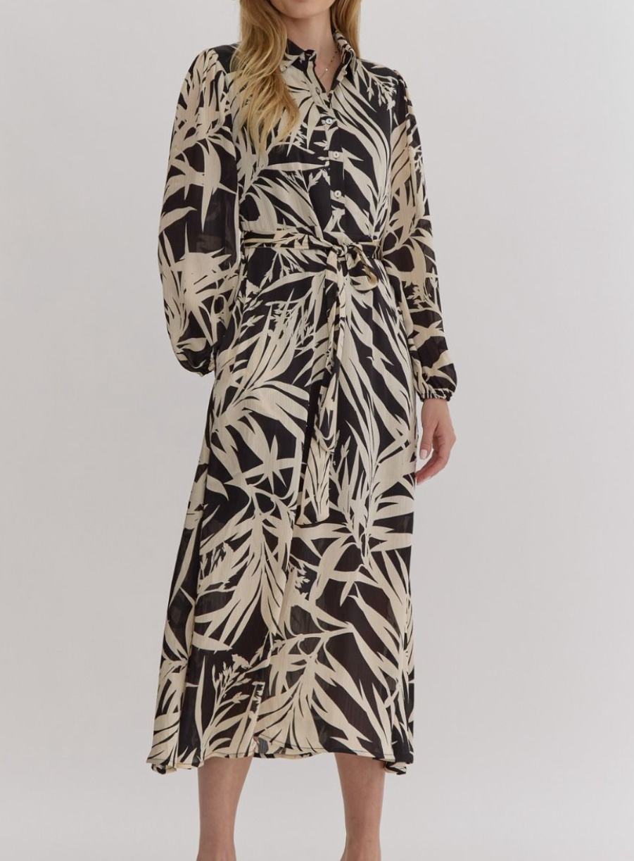 BLACK LEAF PRINT BUTTON UP LONG SLEEVE DRESS