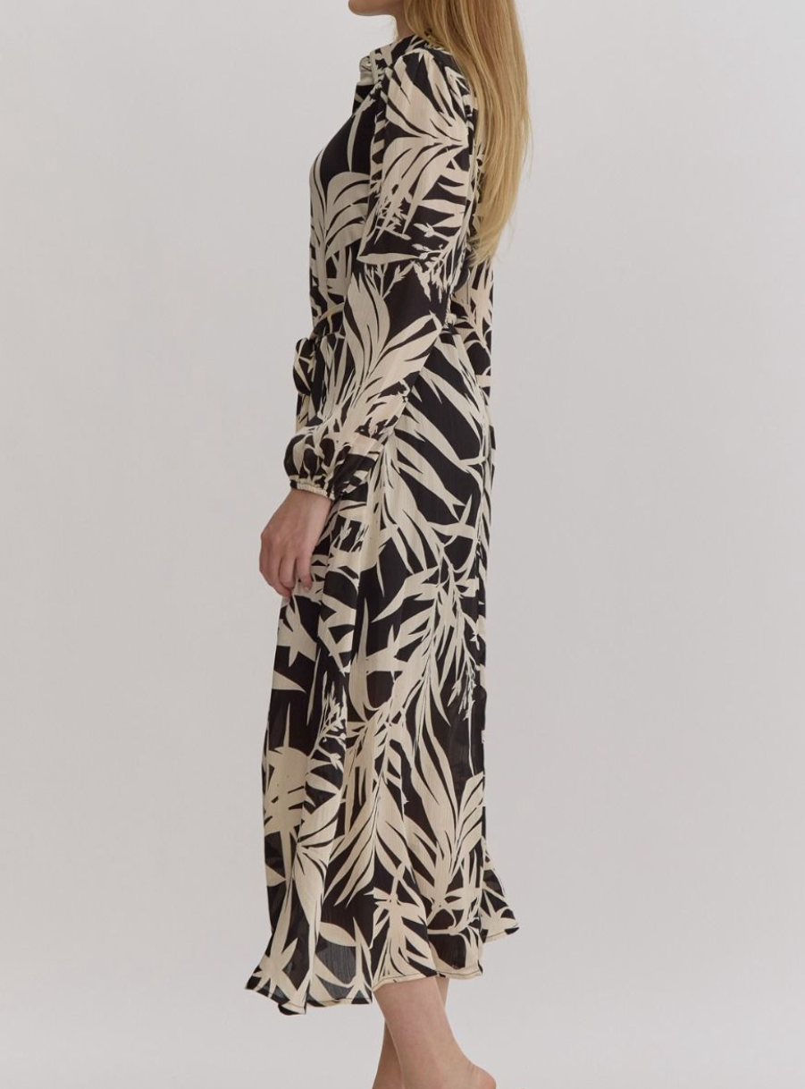 BLACK LEAF PRINT BUTTON UP LONG SLEEVE DRESS