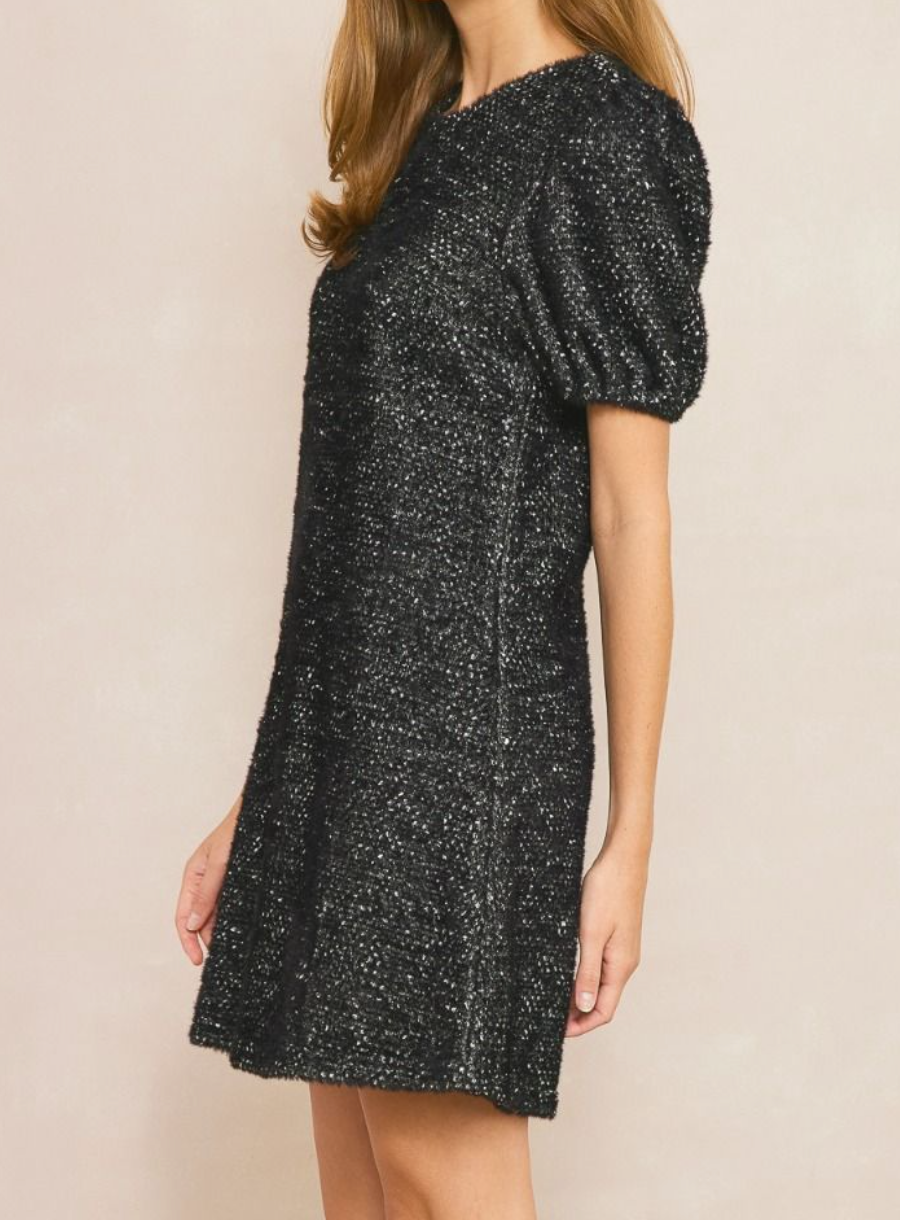 BLACK KNITTED BUBBLE SLEEVE MINI DRESS