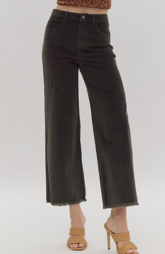 OLIVE CORDUROY HIGH WAISTED WIDE LEG PANTS