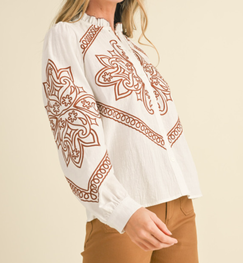 IVORY EMBROIDERED RUFFLED MOCK NECK BUTTON UP TOP