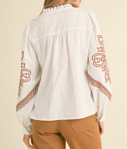 IVORY EMBROIDERED RUFFLED MOCK NECK BUTTON UP TOP