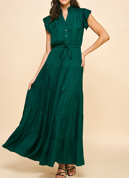 HUNTER GREEN SATIN TIERED MAXI DRESS