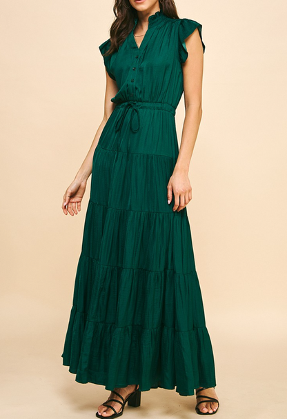 HUNTER GREEN SATIN TIERED MAXI DRESS