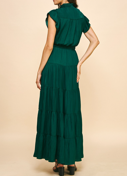 HUNTER GREEN SATIN TIERED MAXI DRESS