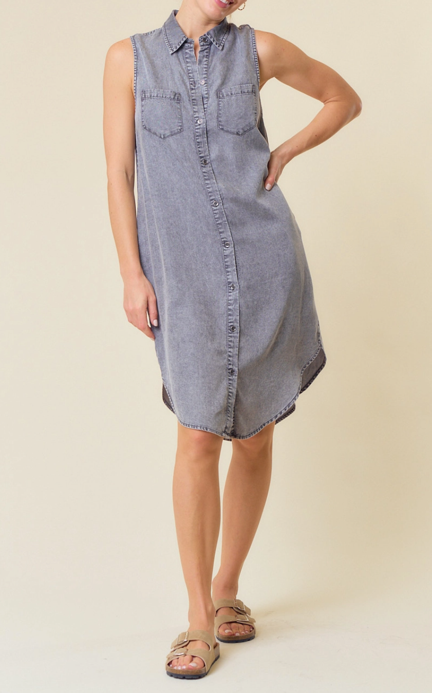 BLACK DENIM SLEEVELESS TENCEL SHIRT DRESS