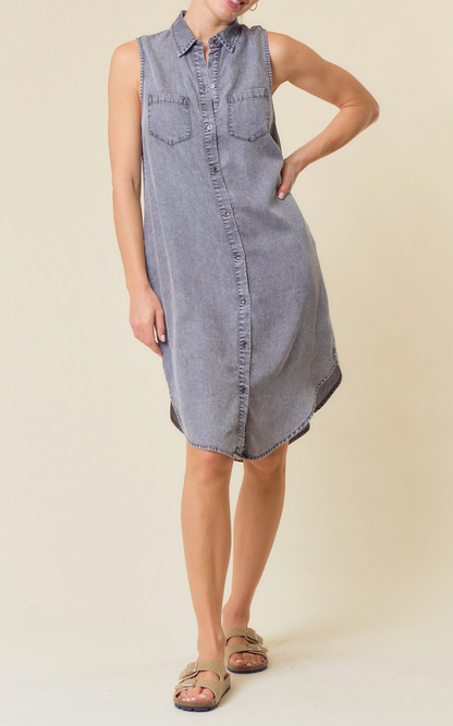 BLACK DENIM SLEEVELESS TENCEL SHIRT DRESS