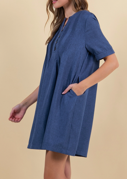 MIDNIGHT BLUE HALF BUTTON DOWN PINTUCK MINI DRESS