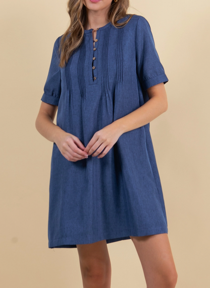 MIDNIGHT BLUE HALF BUTTON DOWN PINTUCK MINI DRESS