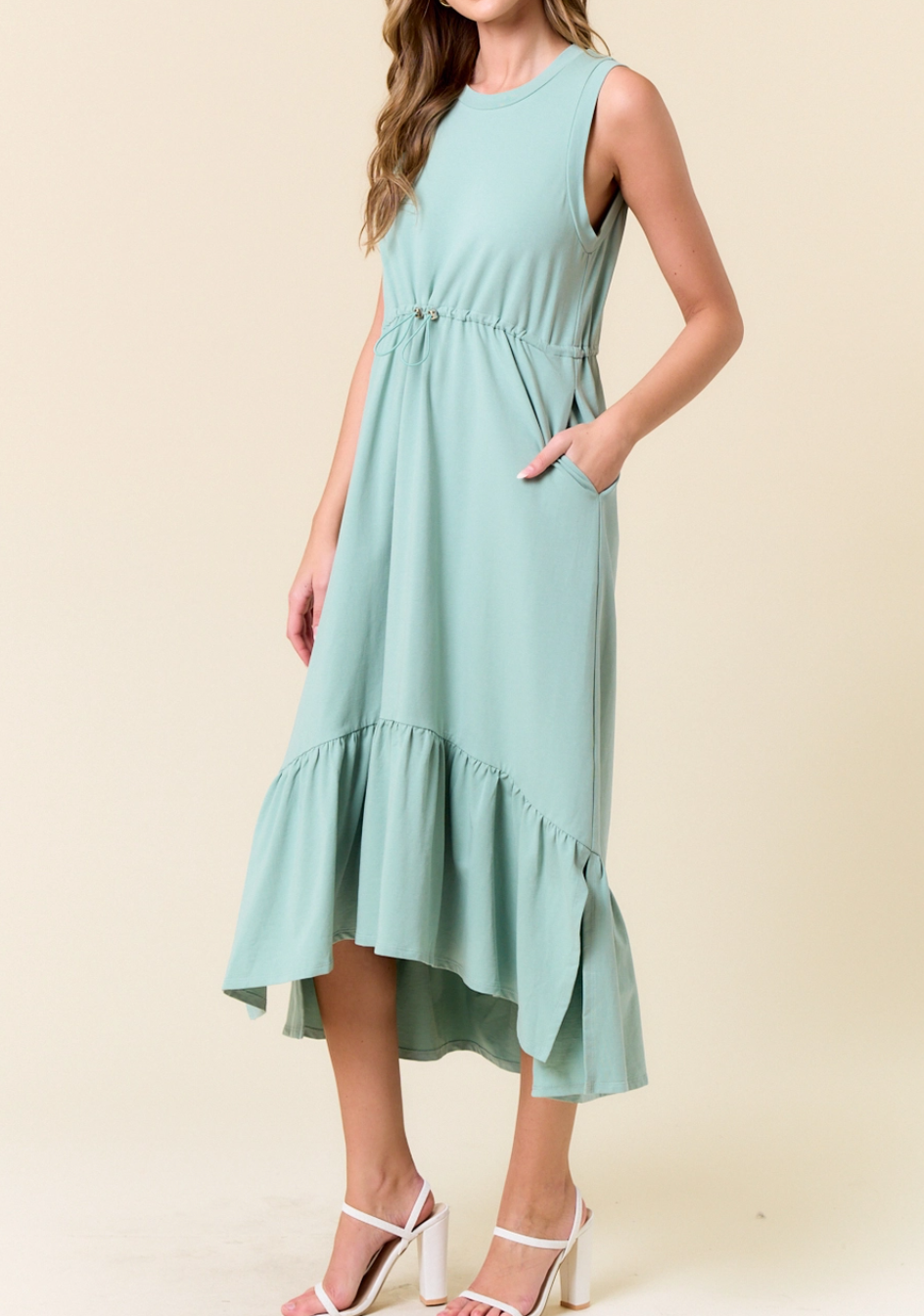 LIGHT SEAFOAM TIERED FRENCH TERRY DRAWCORD WAIST MIDI DRESS