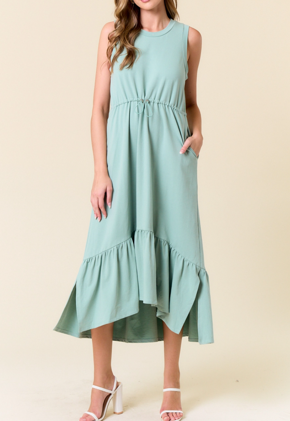 LIGHT SEAFOAM TIERED FRENCH TERRY DRAWCORD WAIST MIDI DRESS