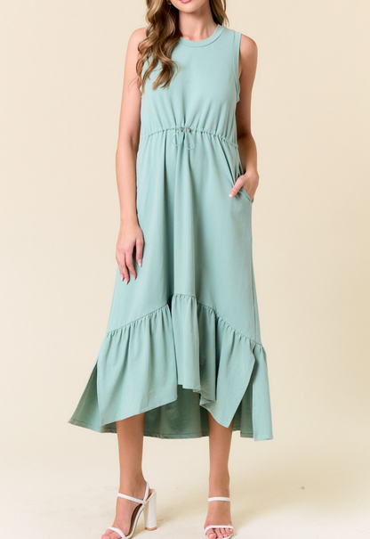 LIGHT SEAFOAM TIERED FRENCH TERRY DRAWCORD WAIST MIDI DRESS