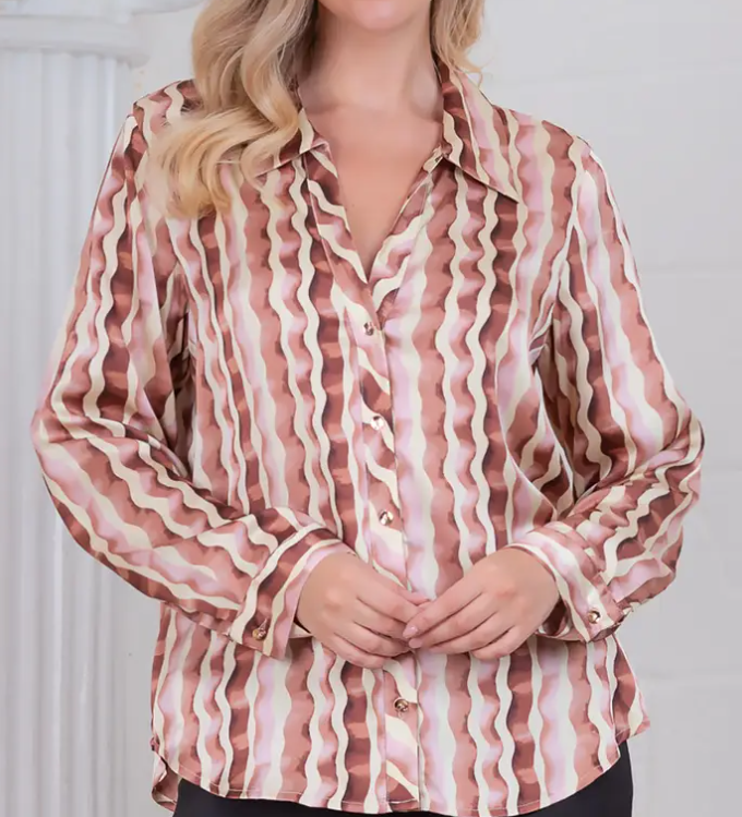 TERRACOTTA WAVE STRIPE LONG SLEEVE BUTTON UP BLOUSE