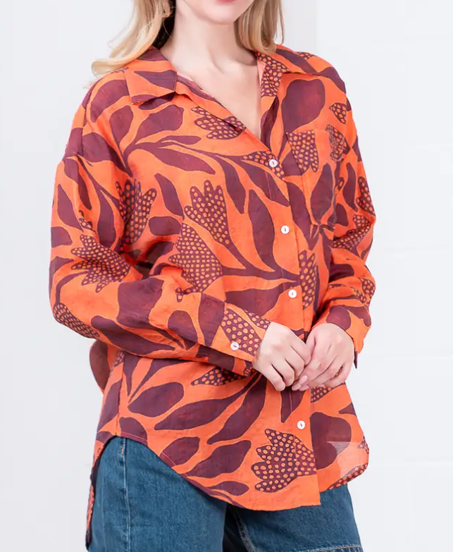 RUST LEAF PRINT BUTTON DOWN LONG SLEEVE TOP