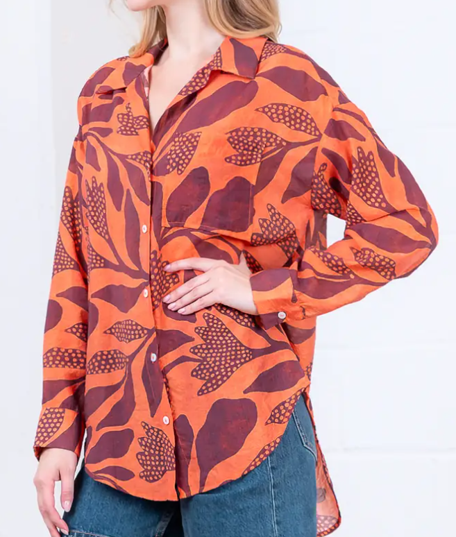 RUST LEAF PRINT BUTTON DOWN LONG SLEEVE TOP