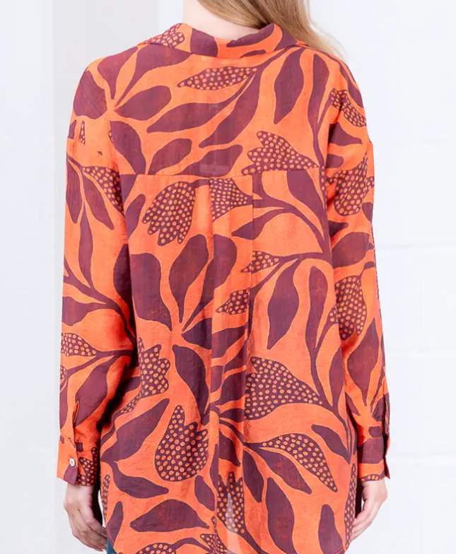 RUST LEAF PRINT BUTTON DOWN LONG SLEEVE TOP