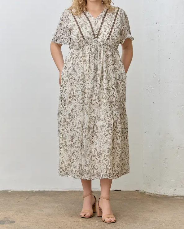 MOCHA MULTI FLORAL PRINT VNECK SHORT SLEEVE MAXI DRESS