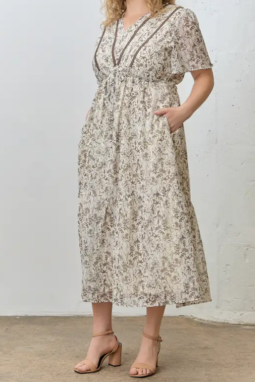 MOCHA MULTI FLORAL PRINT VNECK SHORT SLEEVE MAXI DRESS