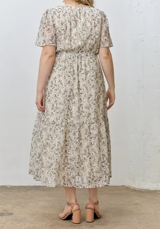 MOCHA MULTI FLORAL PRINT VNECK SHORT SLEEVE MAXI DRESS