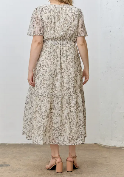 MOCHA MULTI FLORAL PRINT VNECK SHORT SLEEVE MAXI DRESS